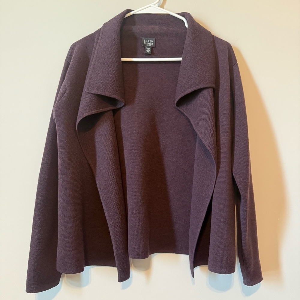 Eileen Fisher Deep Purple Open Front Italian Yarn Wool Women's Petite Cardigan